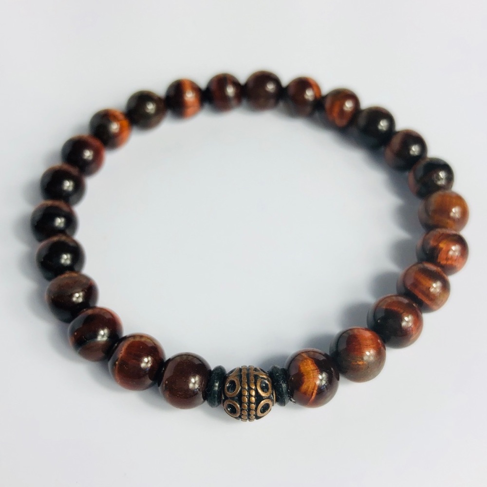 GEMSTONE Men Red Tiger Eye Tibetan Beaded Bracelet